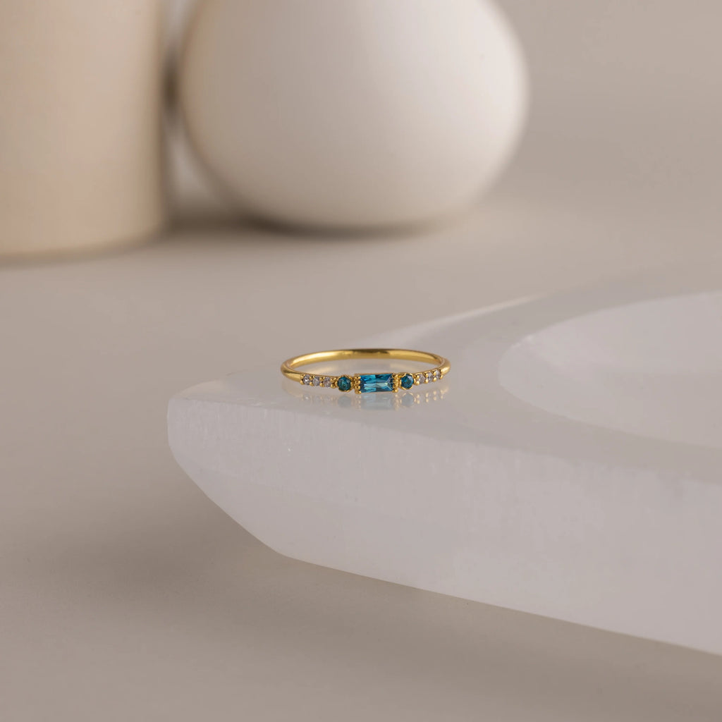 Dainty Blue Zircon Baguette Ring Silver 18K Gold Plated
