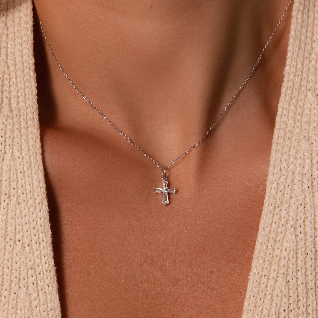 Diamond Art Deco Cross Necklace Silver 18K Gold Plated