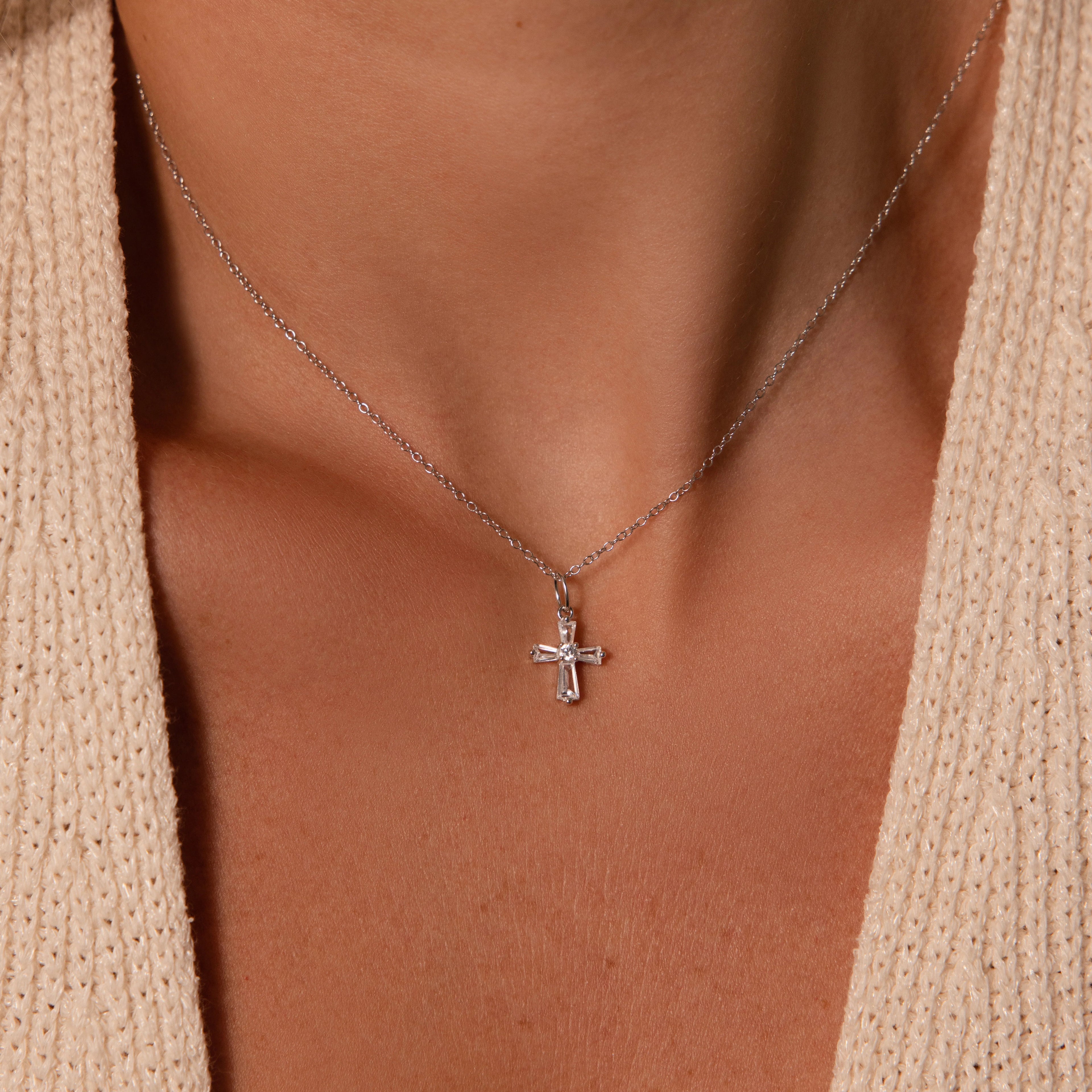 Diamond Art Deco Cross Necklace Silver 18K Gold Plated
