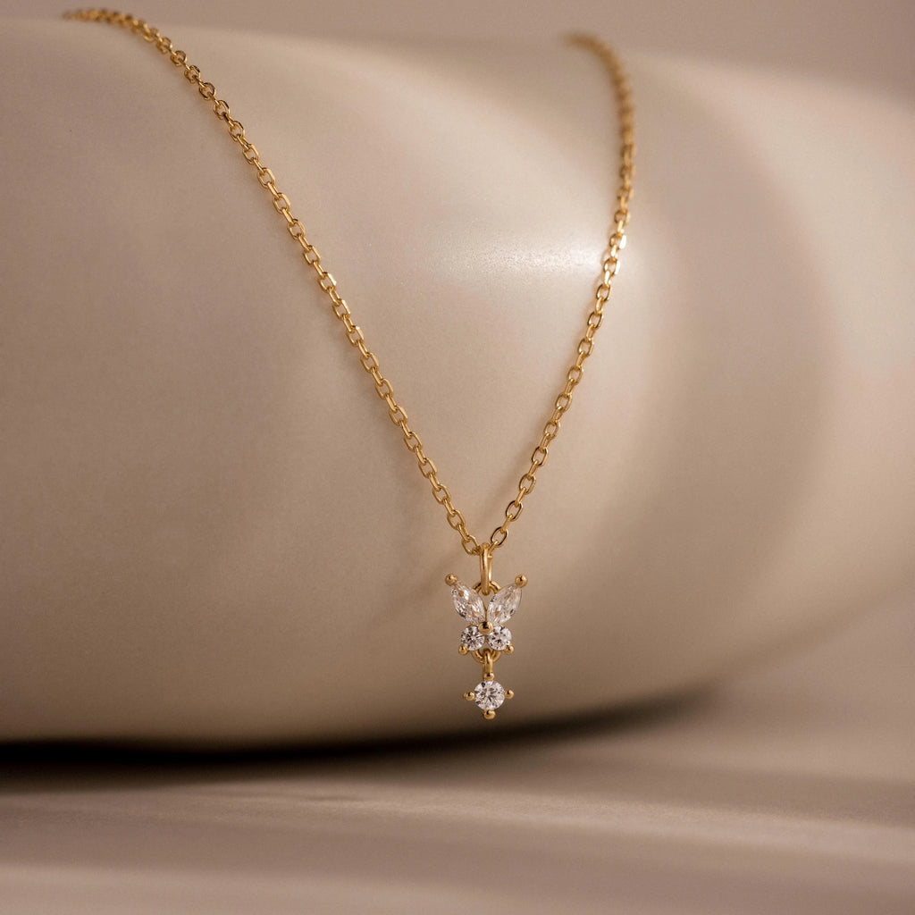 Diamond Butterfly Drop Necklace Silver 18K Gold Plated