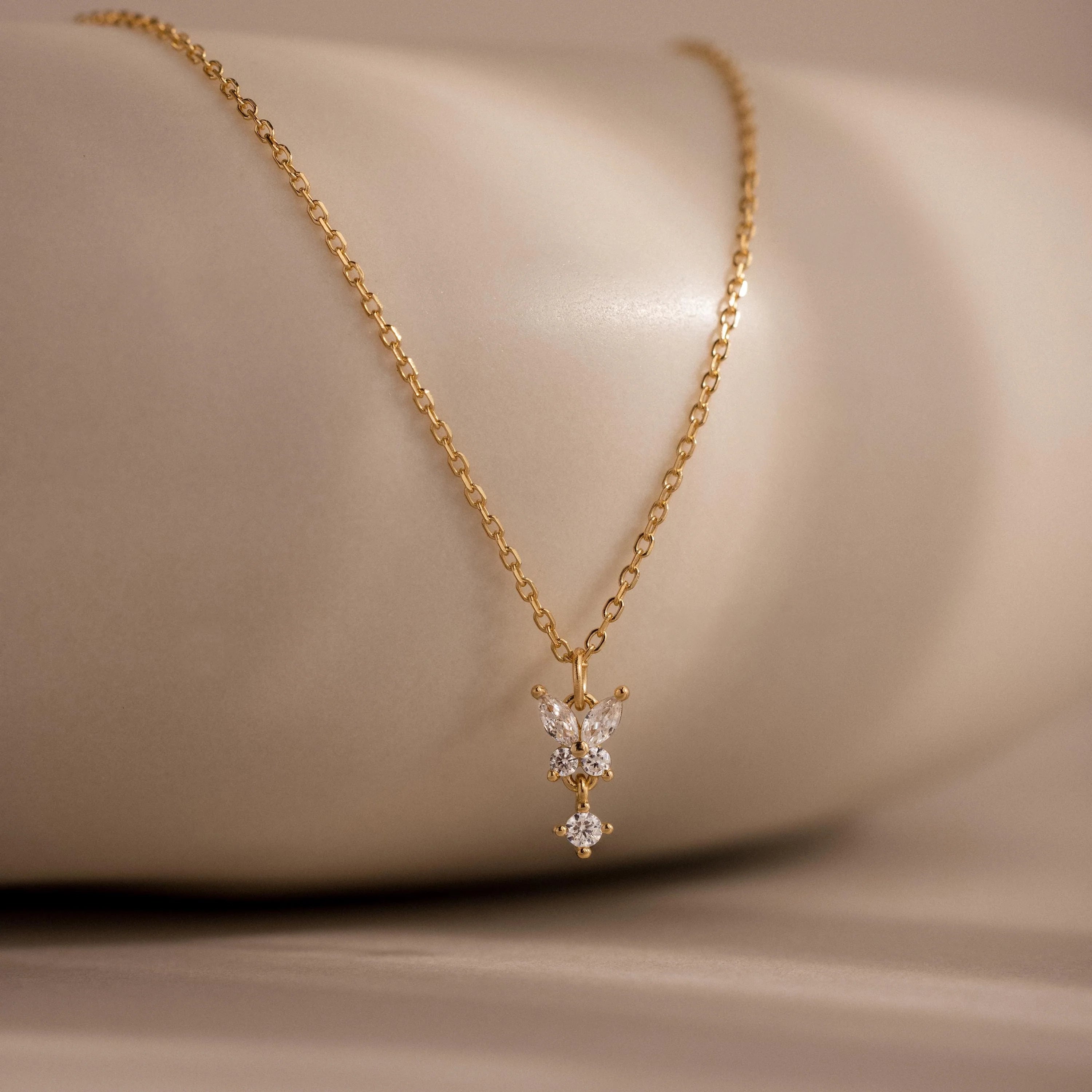 Diamond Butterfly Drop Necklace Silver 18K Gold Plated