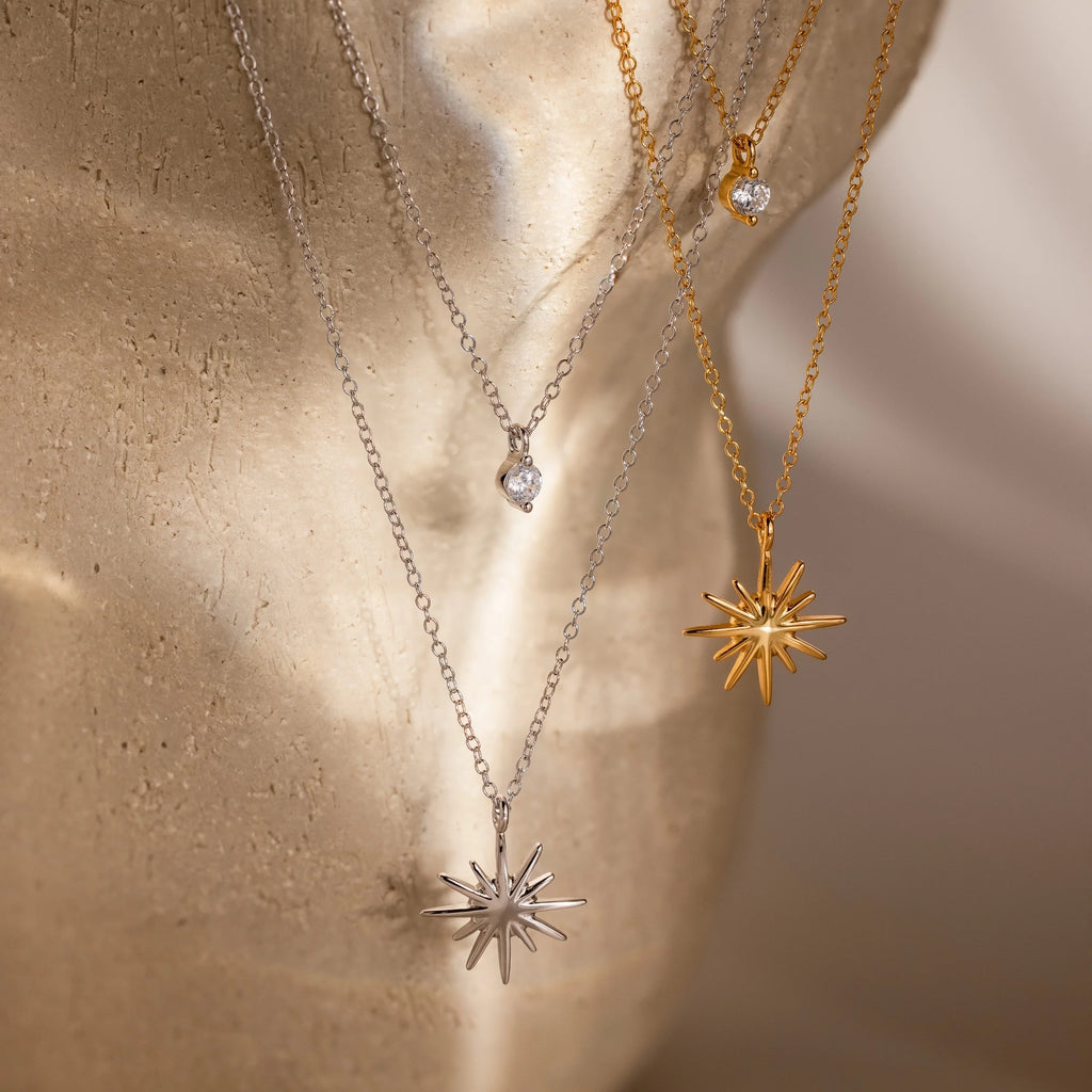 Diamond Starburst Duo Necklace Silver 18K Gold Plated