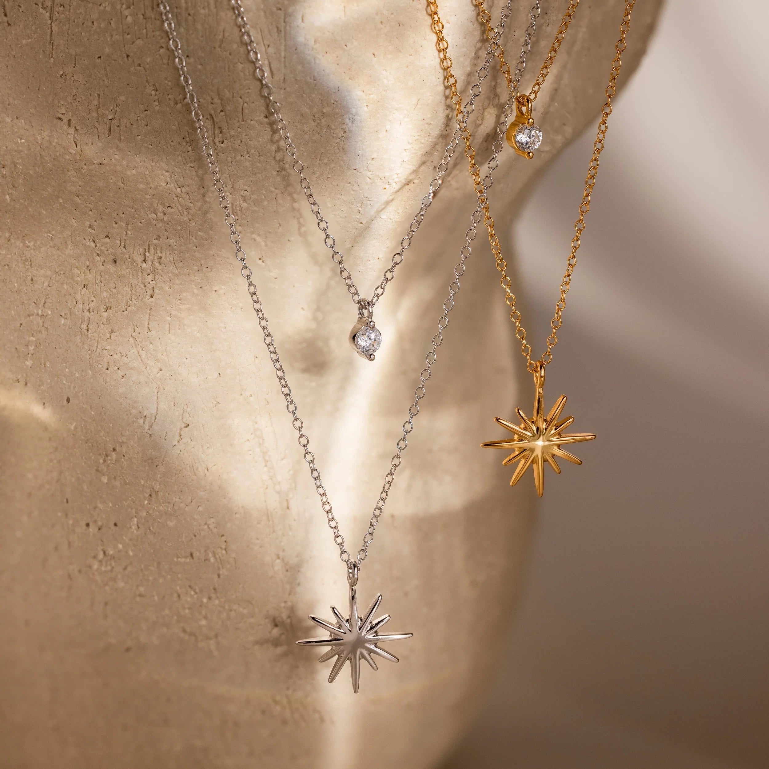Diamond Starburst Duo Necklace Silver 18K Gold Plated