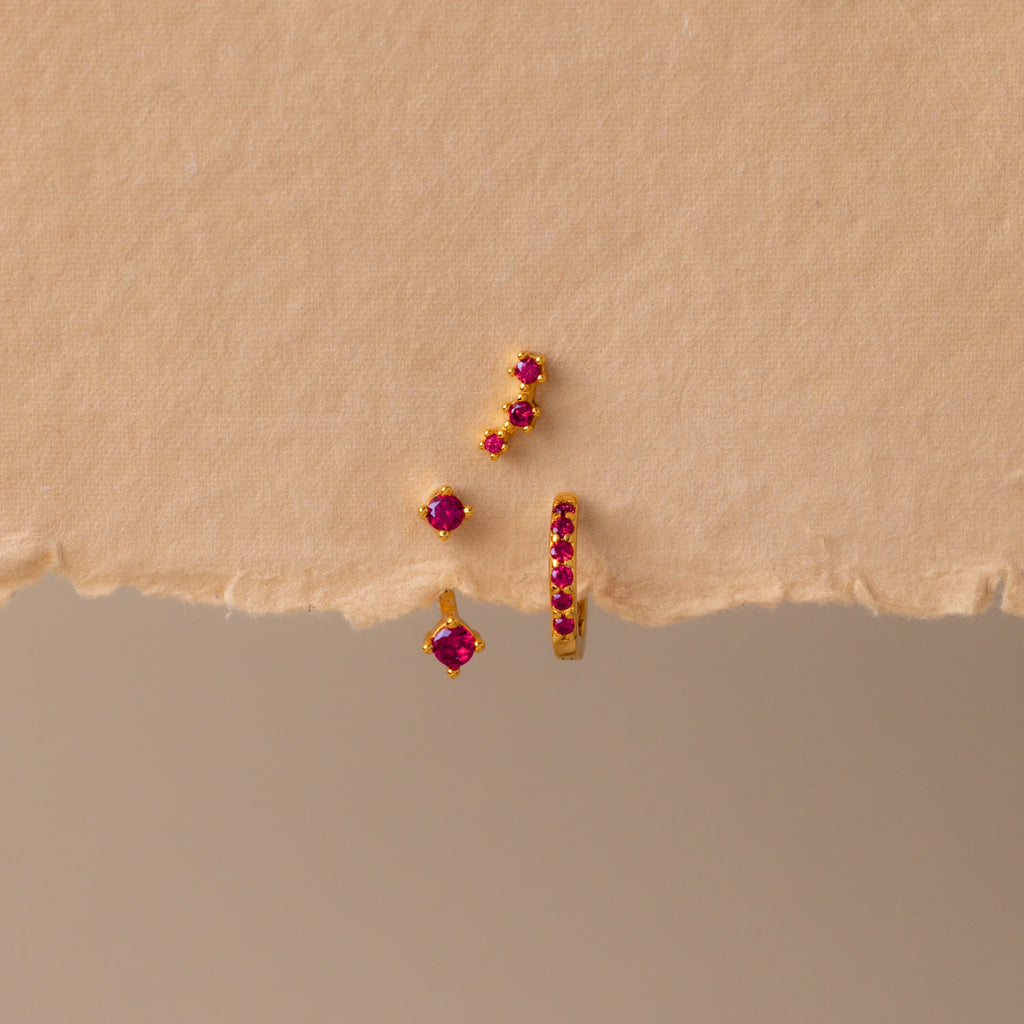 Ruby Trio Earring  Set Silver 18K Gold Plated