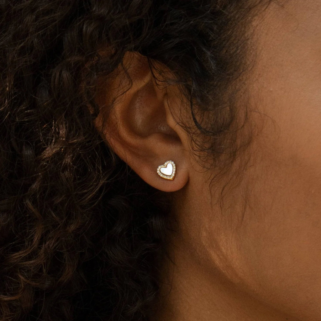Diamond Heart Shaped Pearl Studs Silver 18K Gold Plated