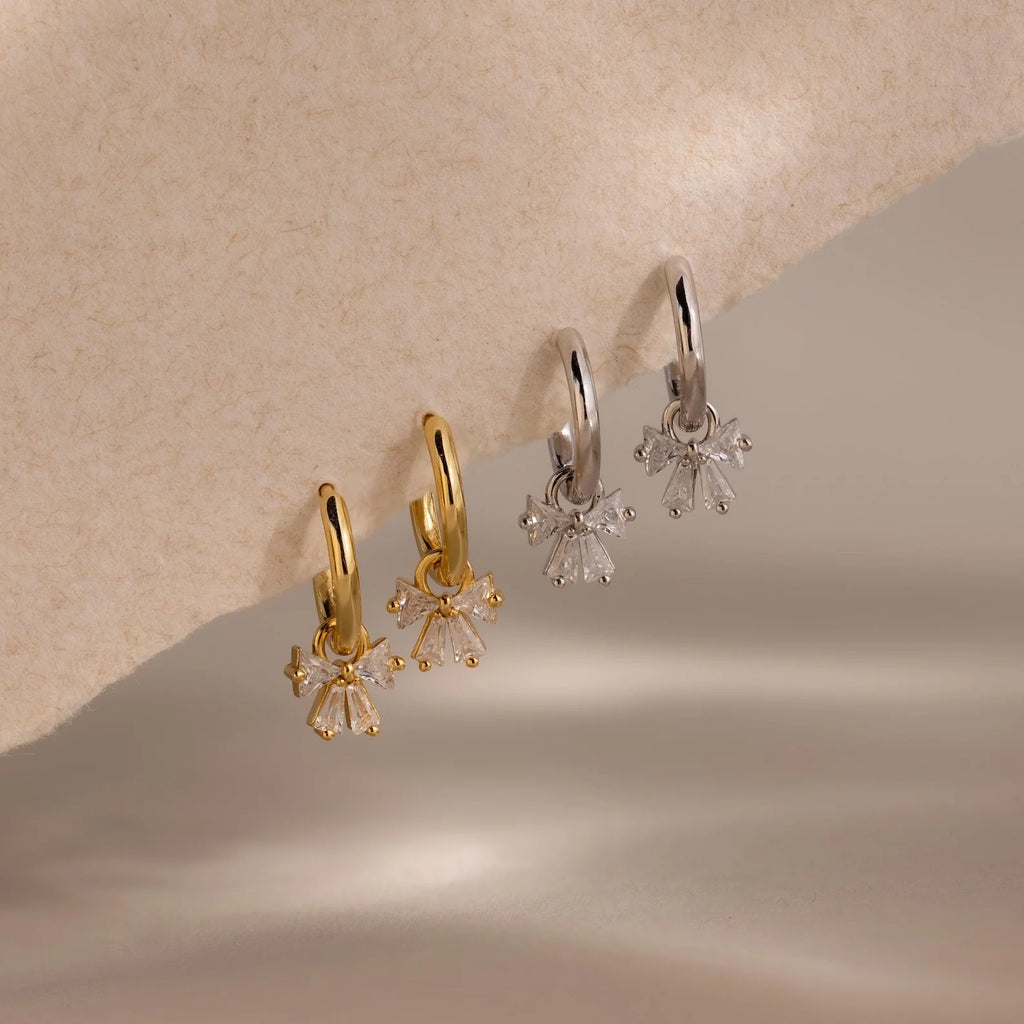 Diamond Bow Necklace & Earrings Set Silver 18K Gold Plated