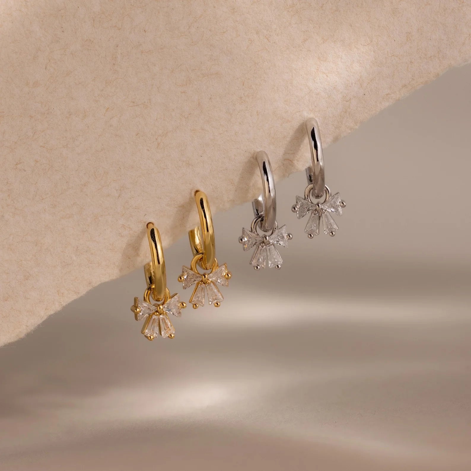Diamond Bow Necklace & Earrings Set Silver 18K Gold Plated