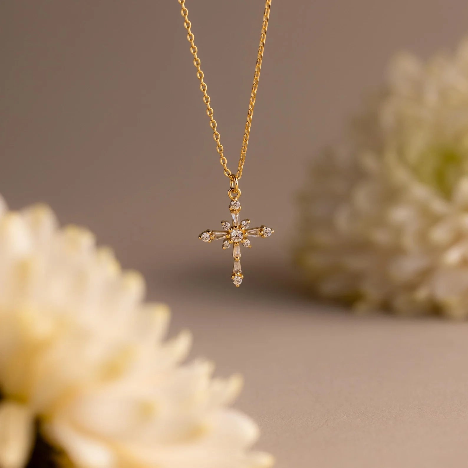 Vintage Diamond Cross Necklace Silver 18K Gold Plated