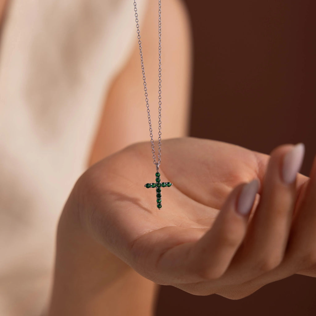 Emerald Pave Cross Necklace Silver 18K Gold Plated
