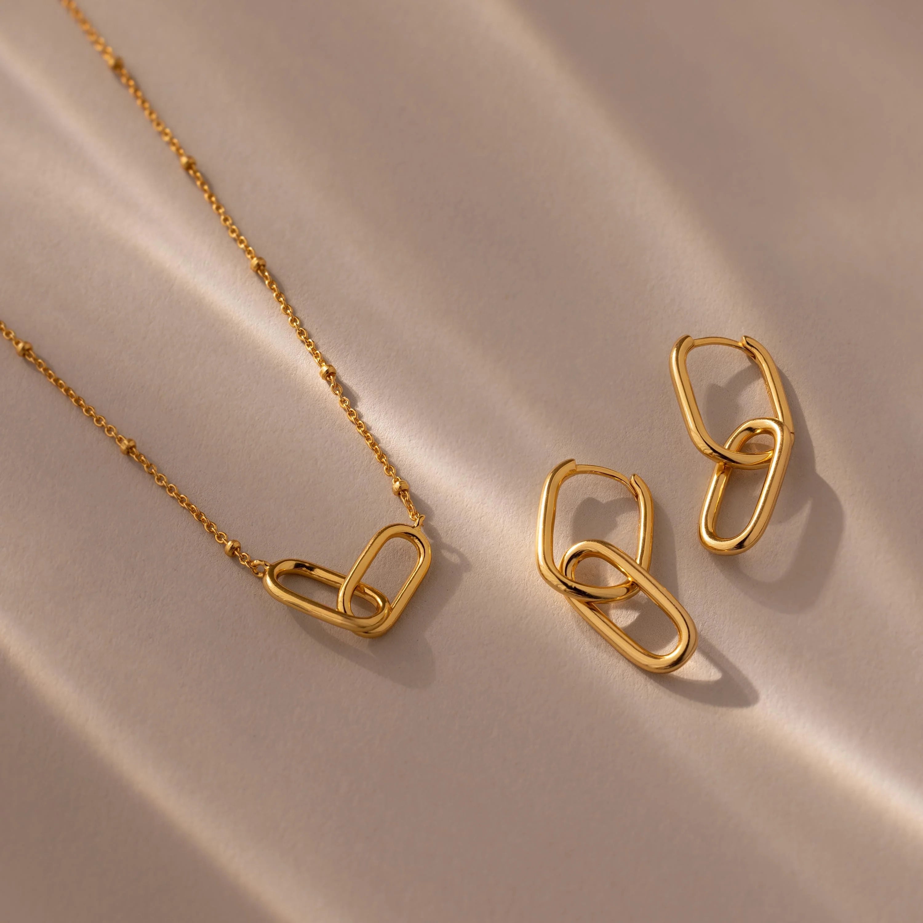 Linked Charm Necklace and Earrings Set Silver 18K Gold Plated