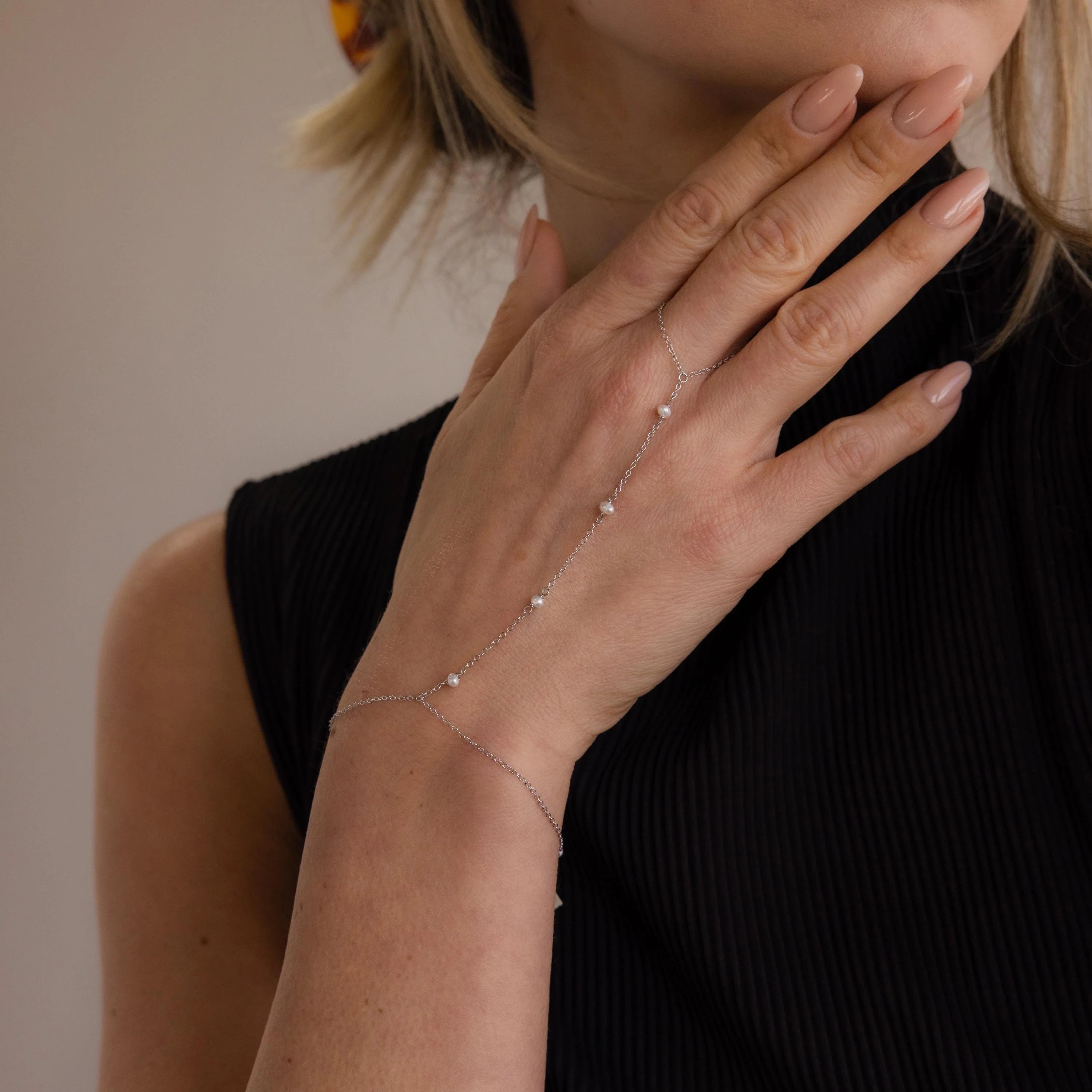 Pearl Hand Chain Bracelet Silver 18K Gold Plated