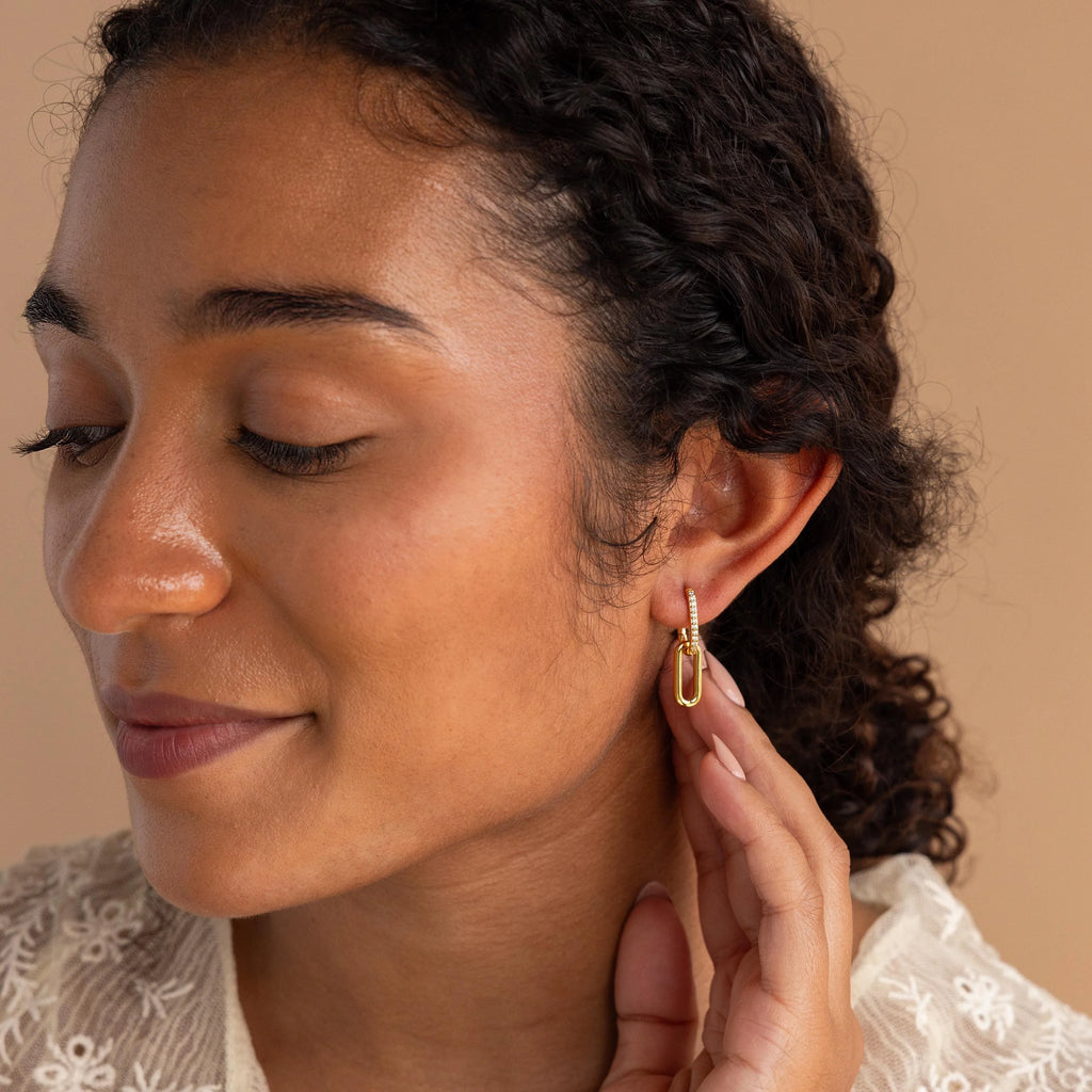 Pave Link Drop Earrings Silver 18K Gold Plated