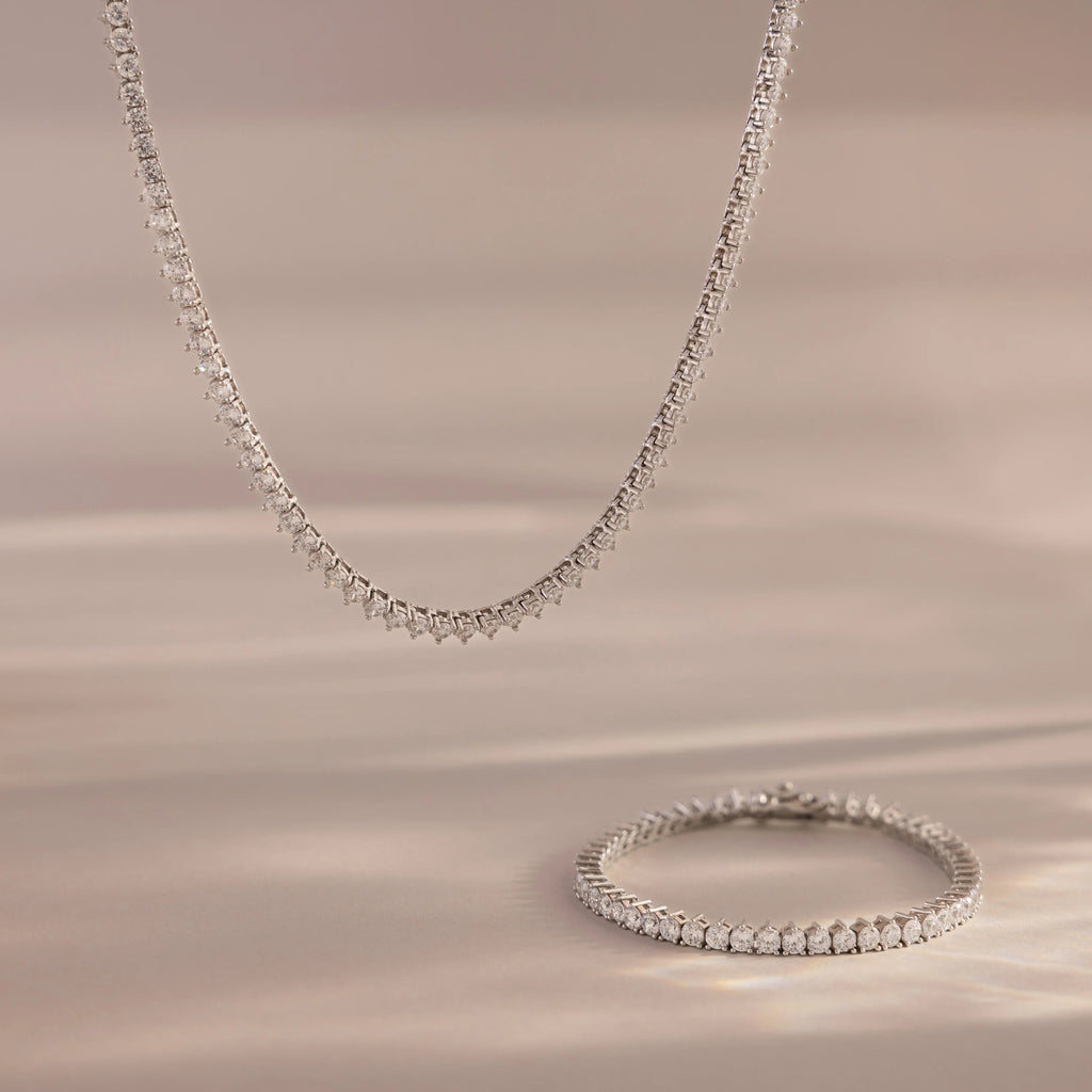 Diamond Tennis Necklace & Bracelet Set Silver 18K Gold Plated