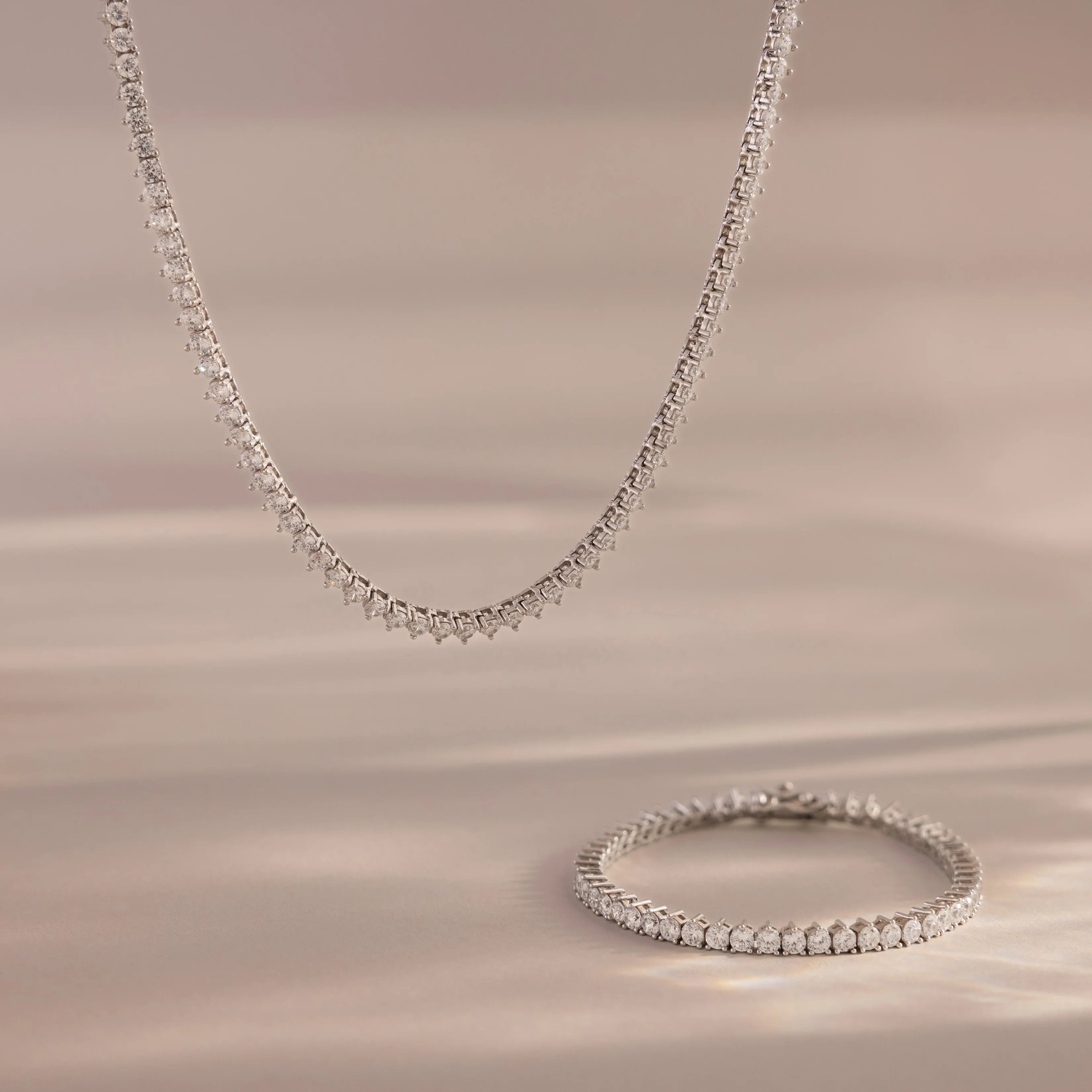 Diamond Tennis Necklace & Bracelet Set Silver 18K Gold Plated