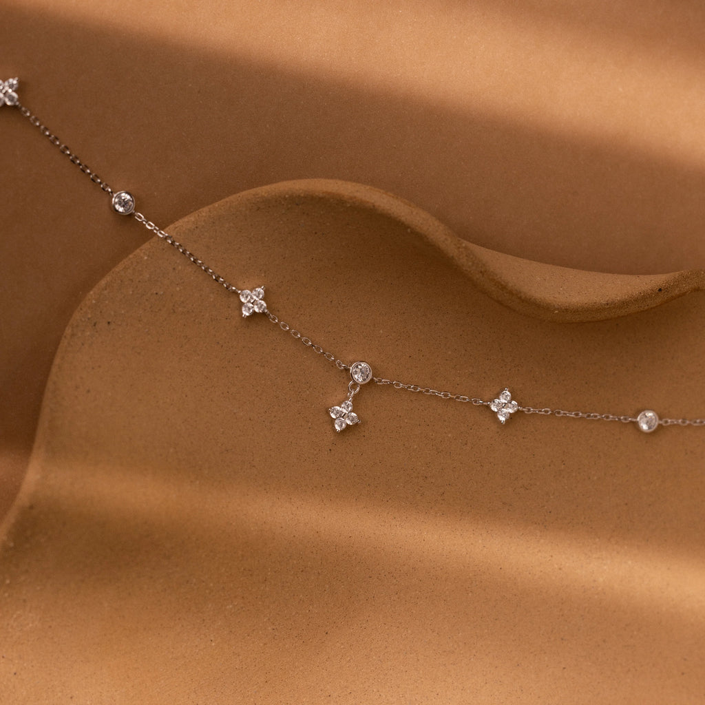 Flower Charms Ivy Diamond Station Necklace Silver 18K Gold Plated
