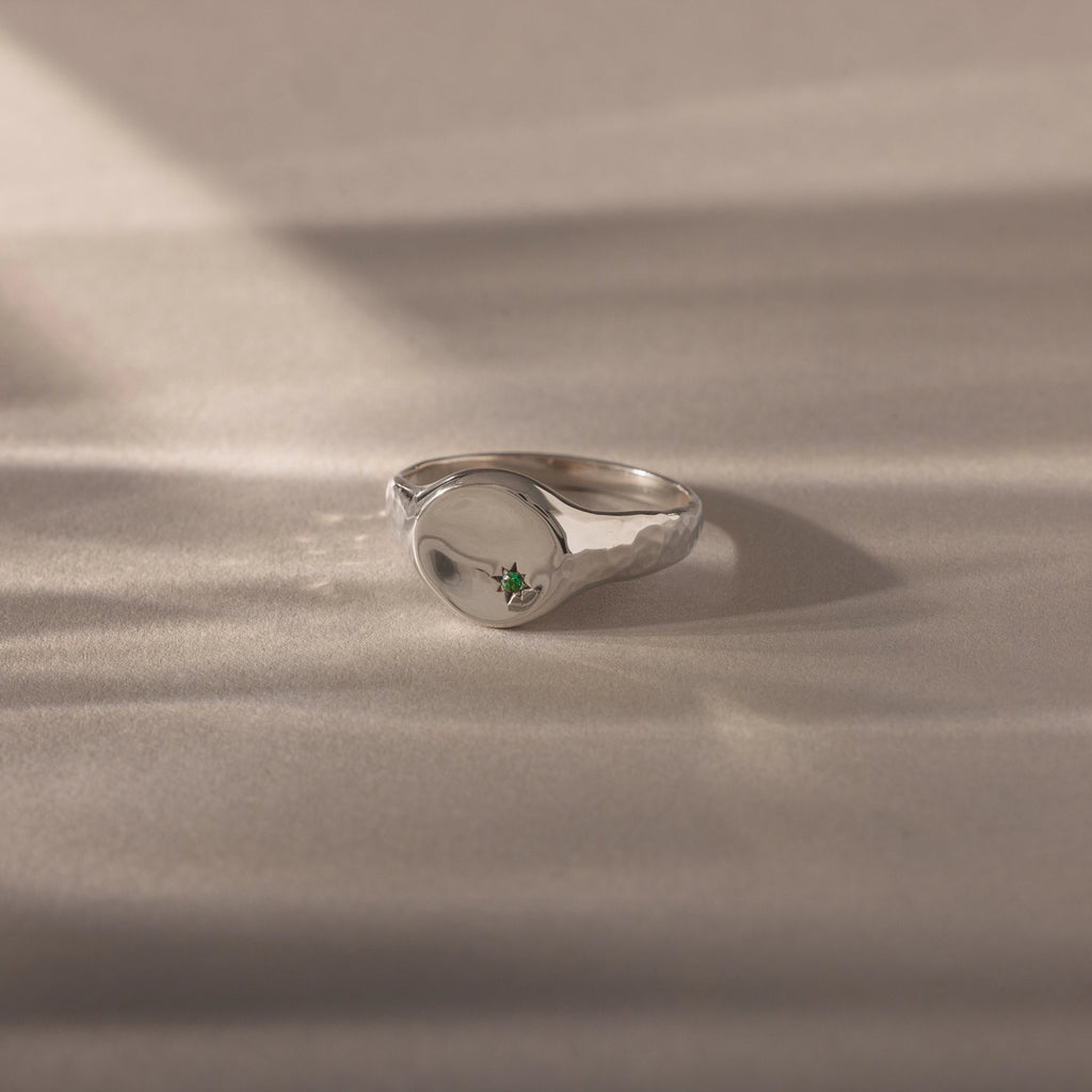 North Star Emerald Signet Ring Silver 18K Gold Plated