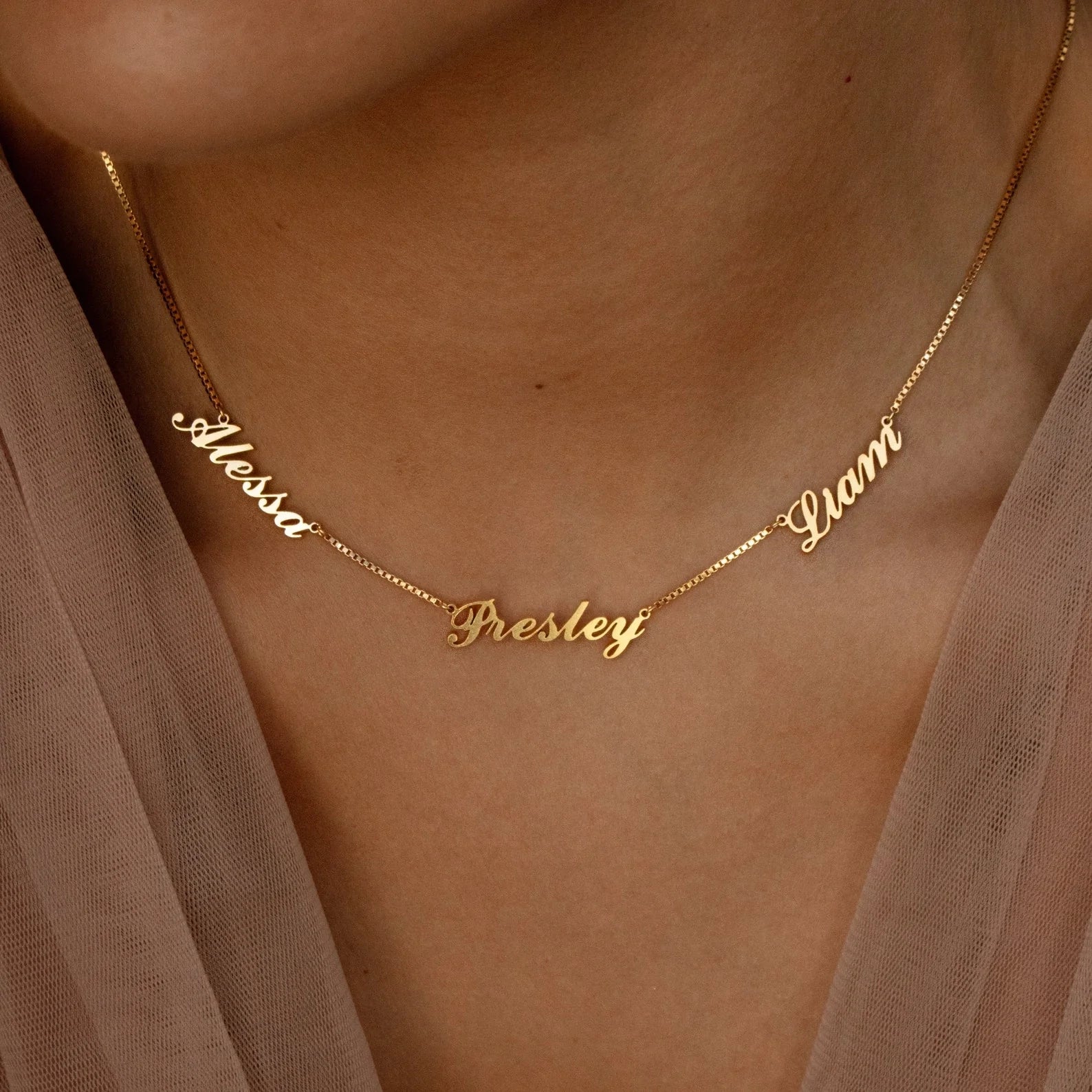 Carrie Box Chain Multiple Name Necklace Silver 18K Gold Plated