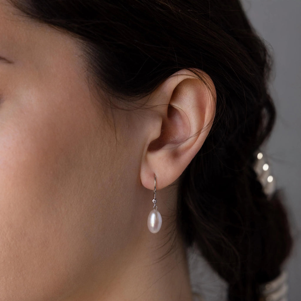 Diamond Pearl Threader Earrings Silver 18K Gold Plated