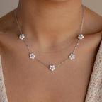 Beaded Pearl Flowers Station Necklace Silver 18K Gold Plated