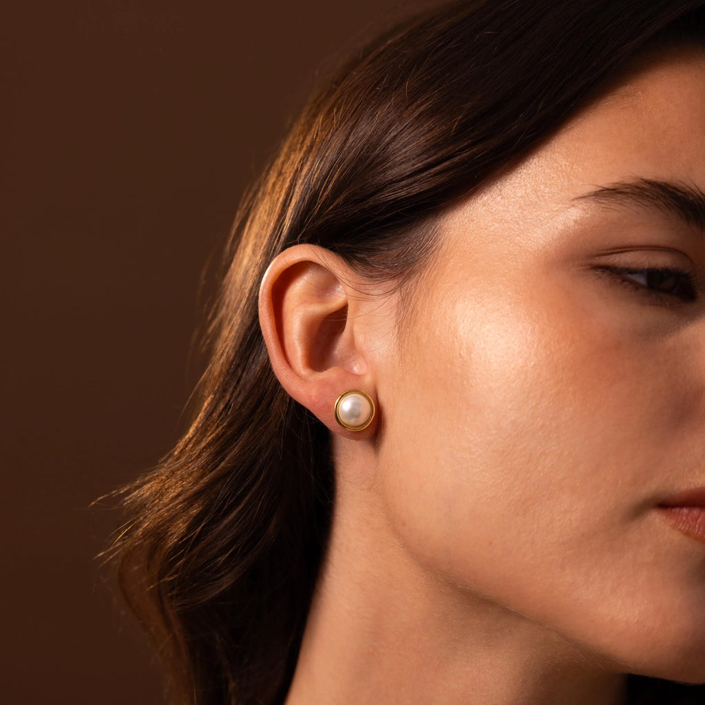Pearl Bezel Studs Silver 18K Gold Plated