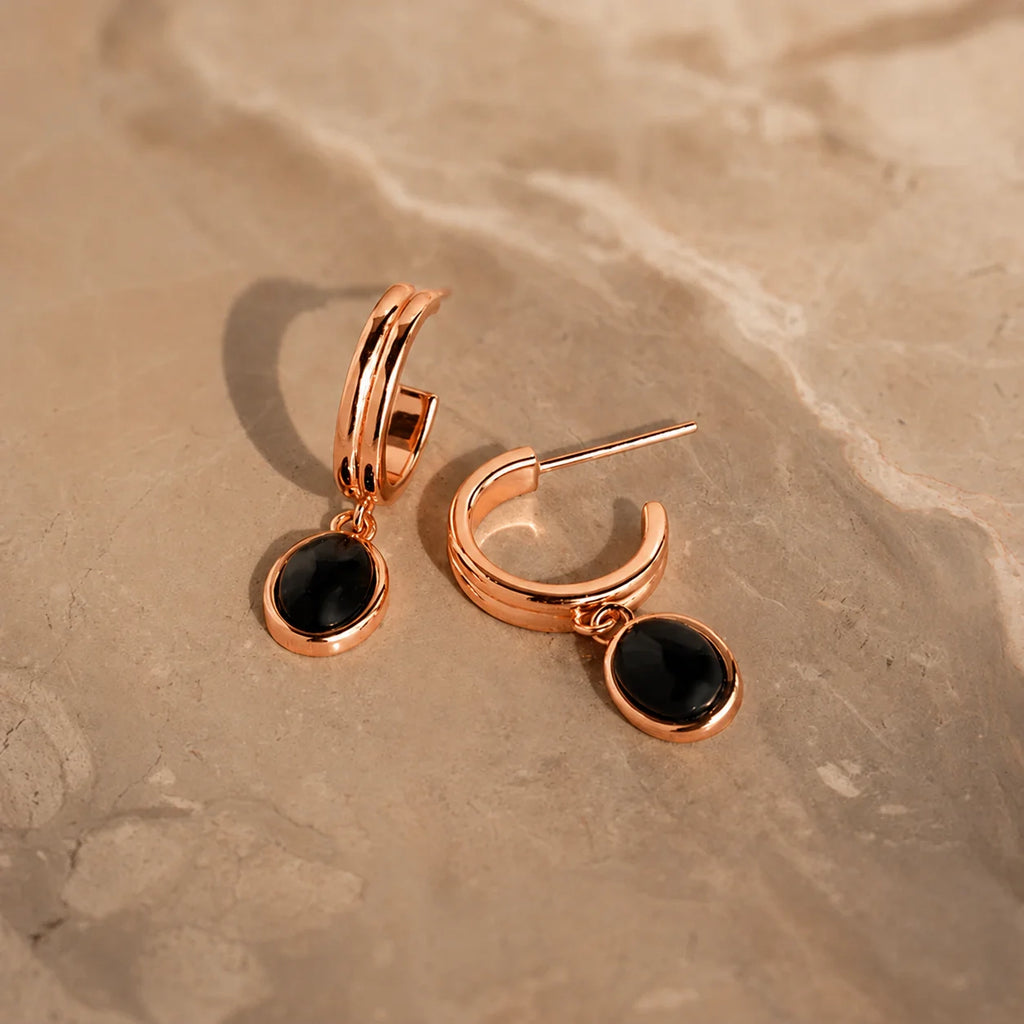 Black Gemstone Drop Hoop Earrings
