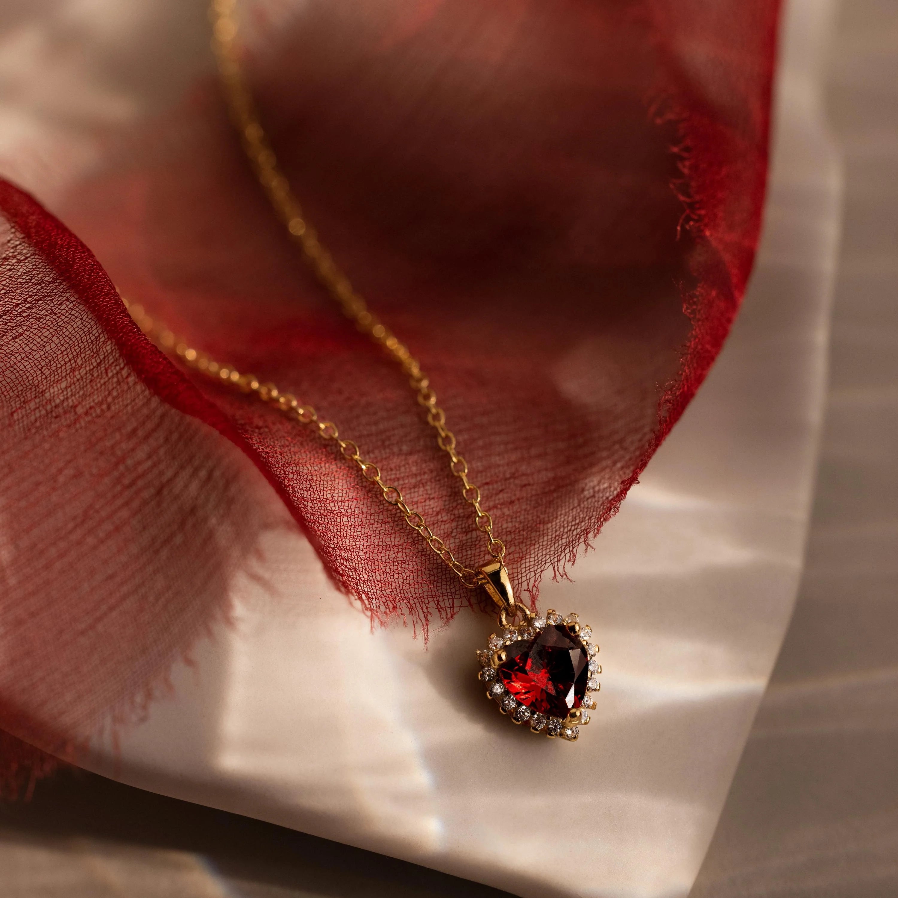 Pave Garnet Heart Necklace Silver 18K Gold Plated