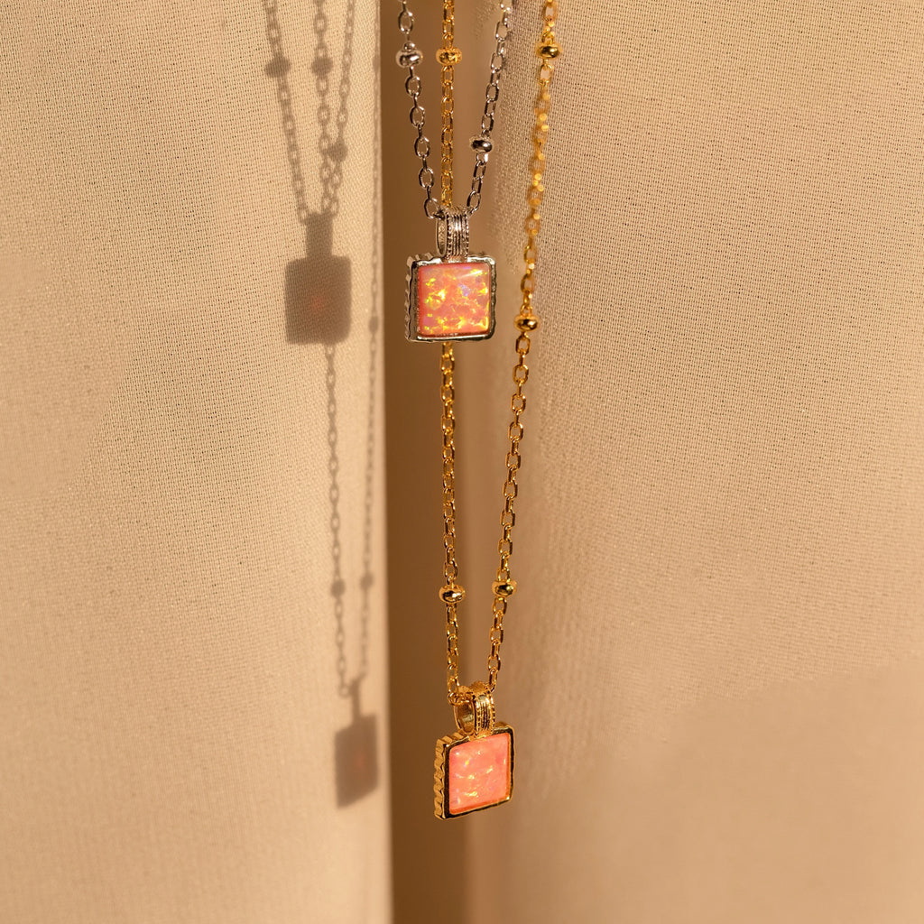 Pink Opal Pendant Necklace Silver 18K Gold Plated