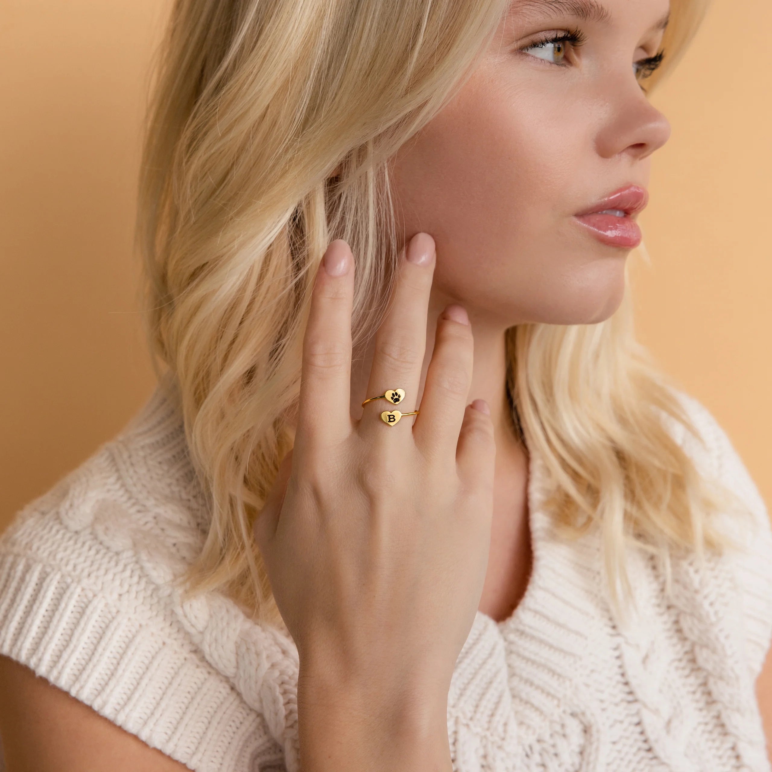 Paw Print Duo Heart Ring Silver 18K Gold Plated