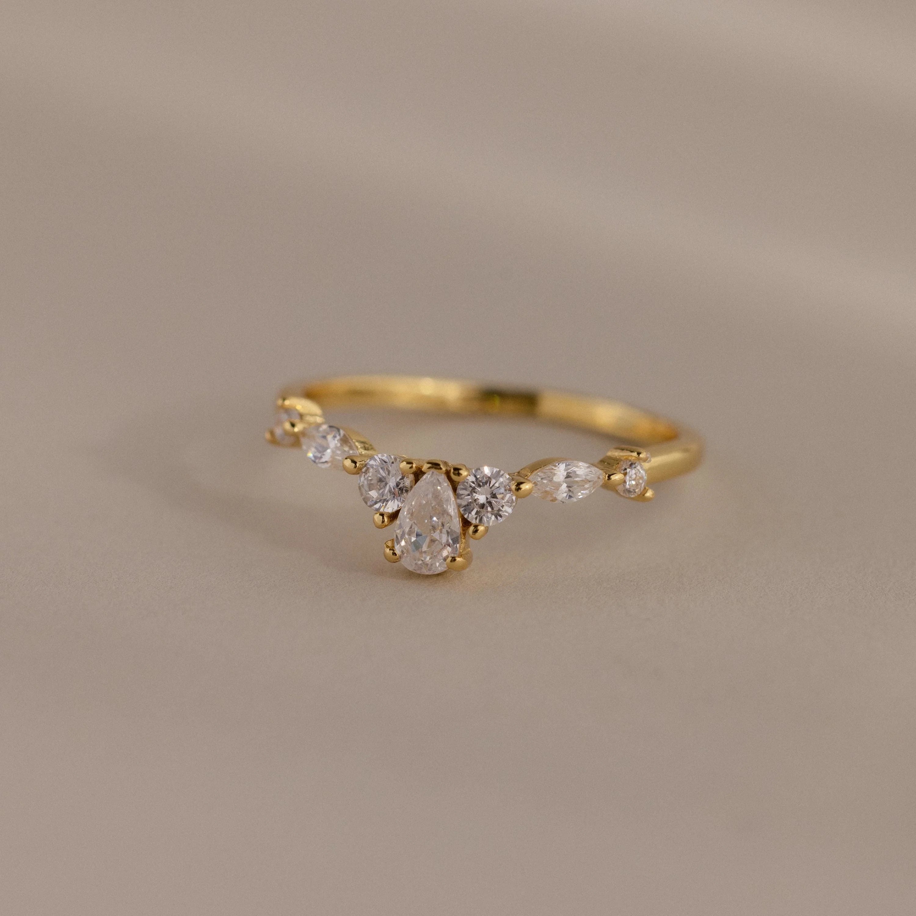 Pear & Marquise Diamond Curve Ring Silver 18K Gold Plated