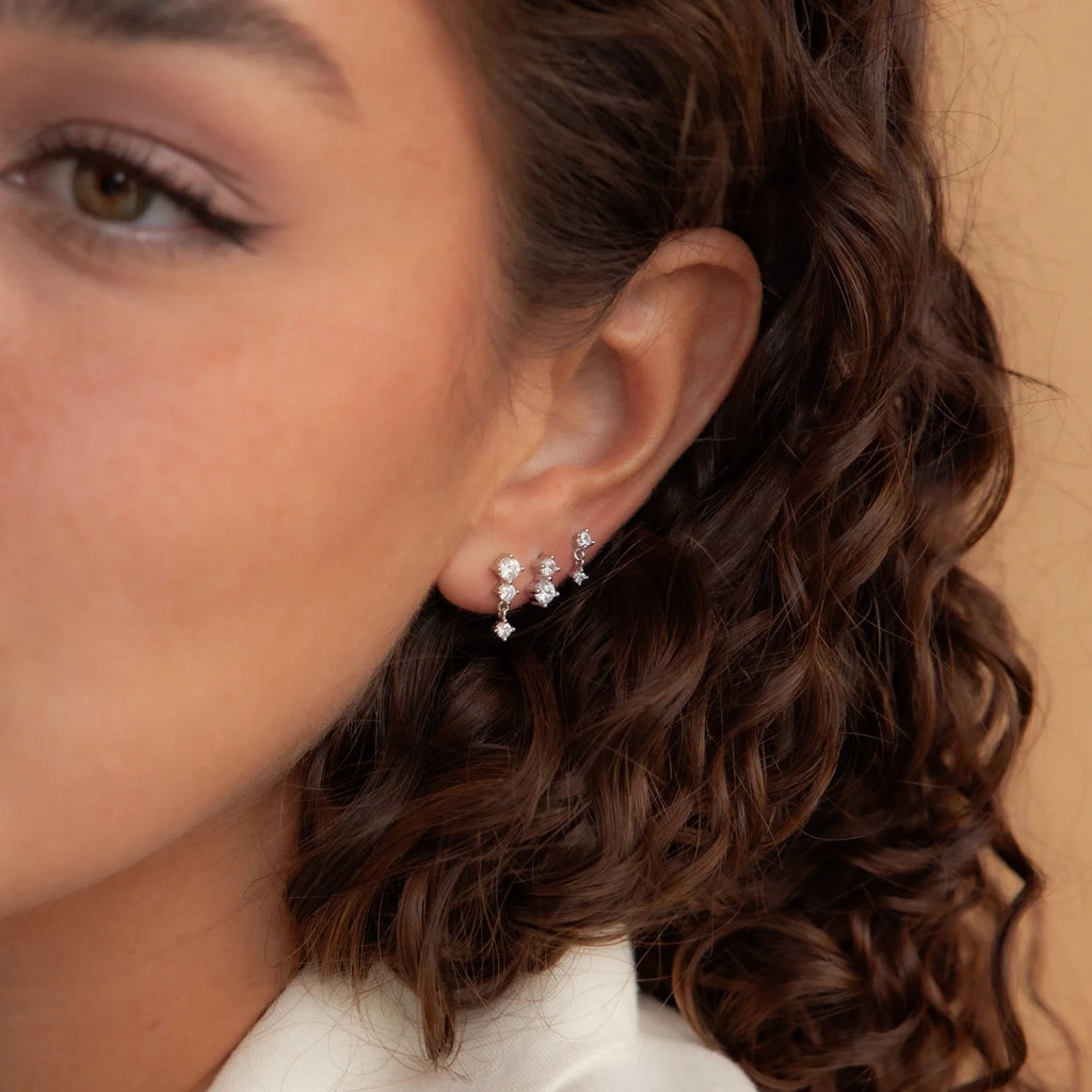 Triple Diamond Studs Set Silver 18K Gold Plated
