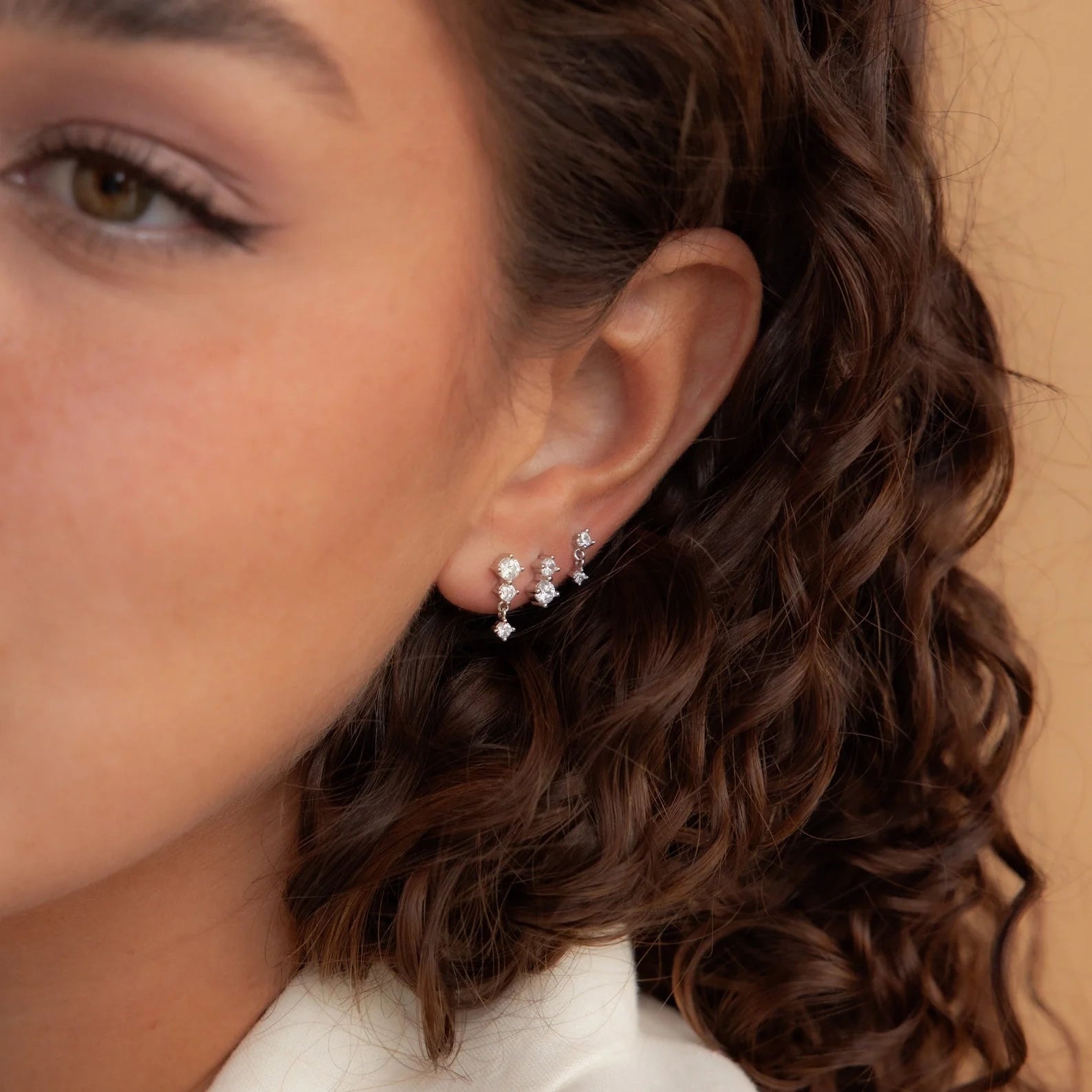 Triple Diamond Studs Set Silver 18K Gold Plated