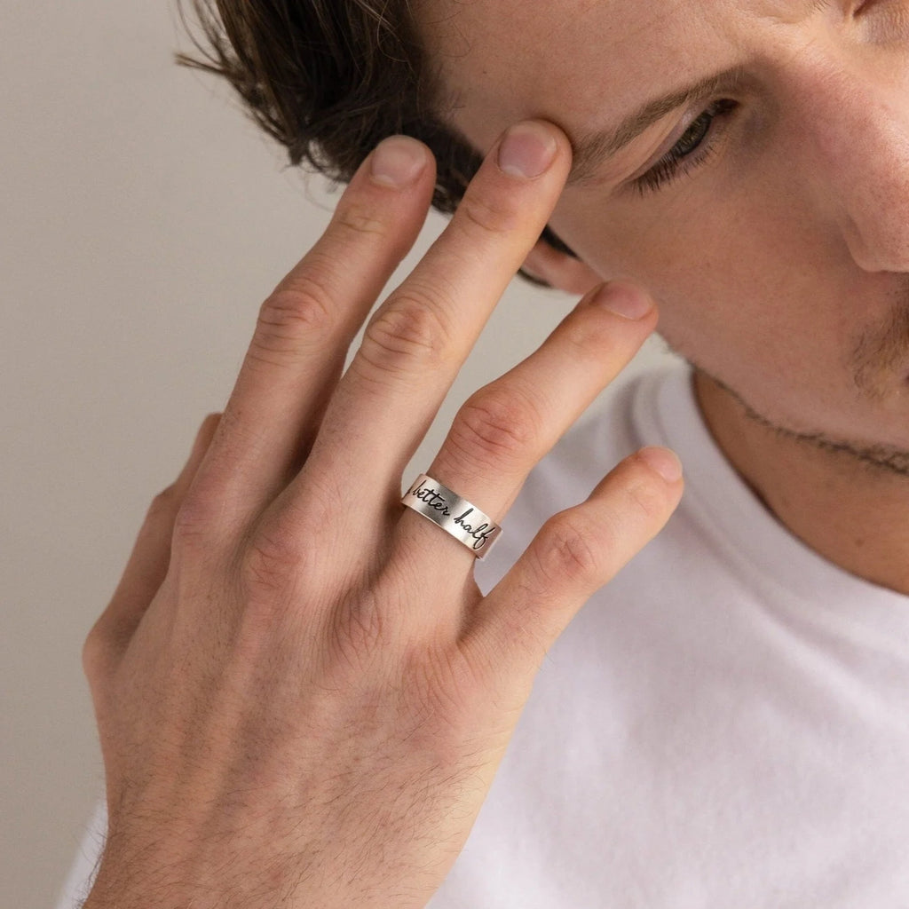 Thick Handwriting Band Silver 18K Gold Plated