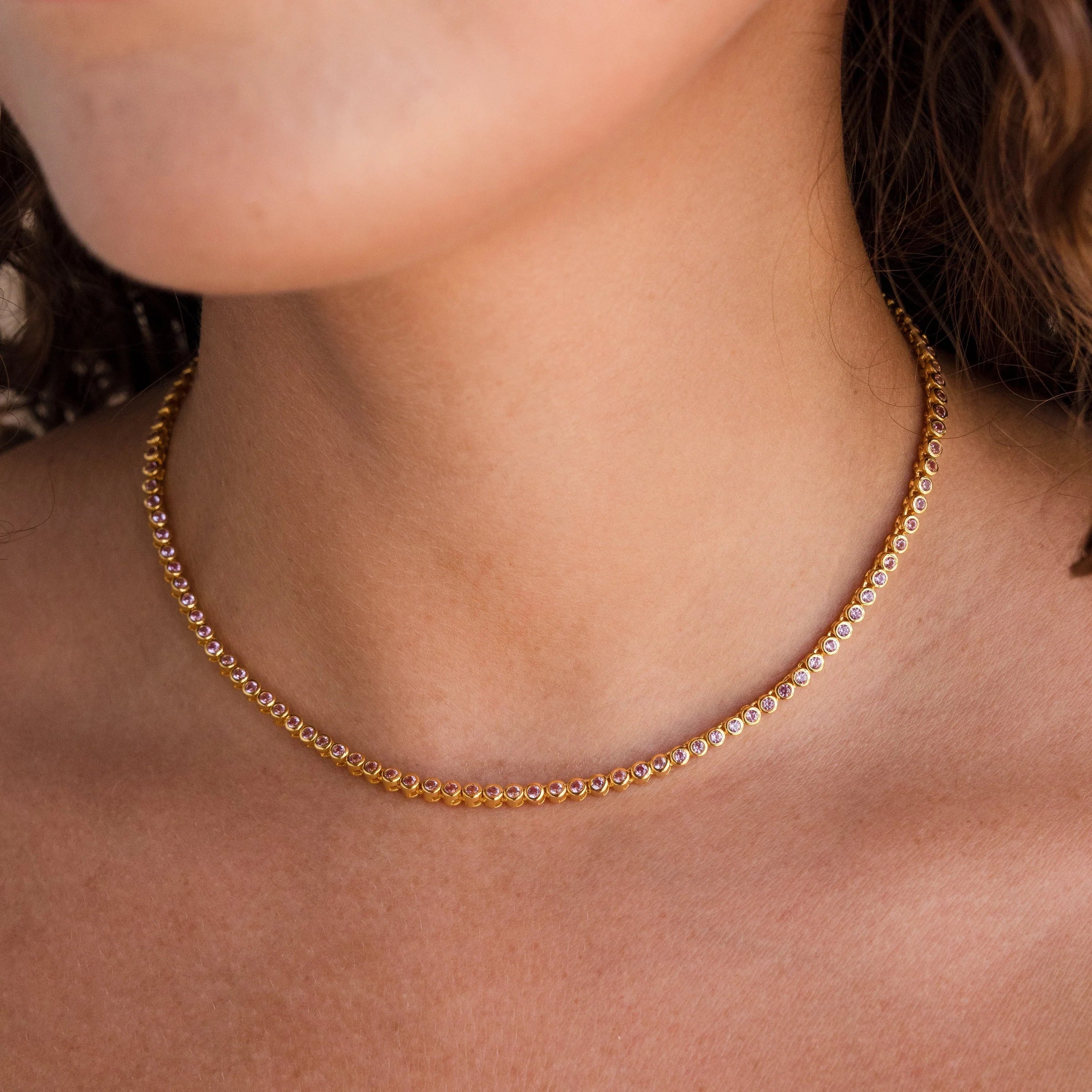 Pink Bezel Tennis Necklace Silver 18K Gold Plated