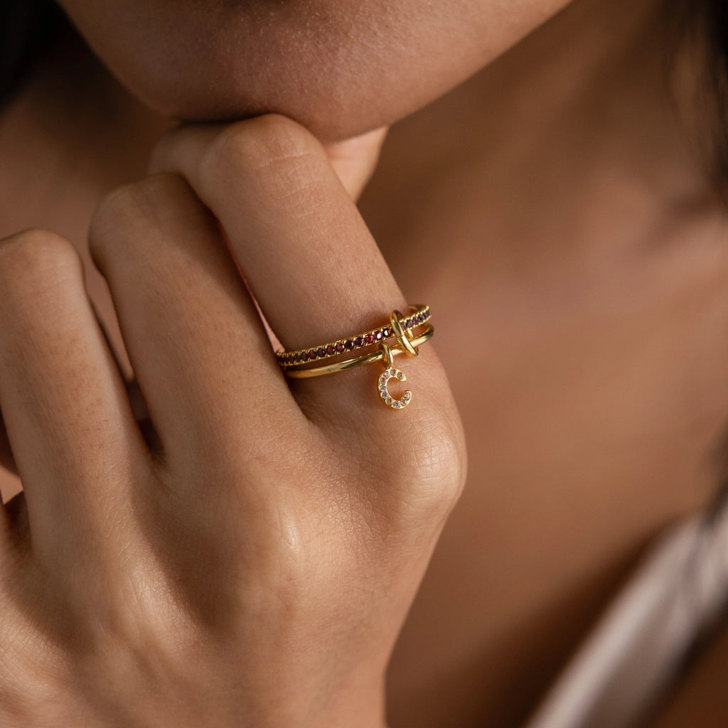 Initial Ruby Linked Ring Set Silver 18K Gold Plated