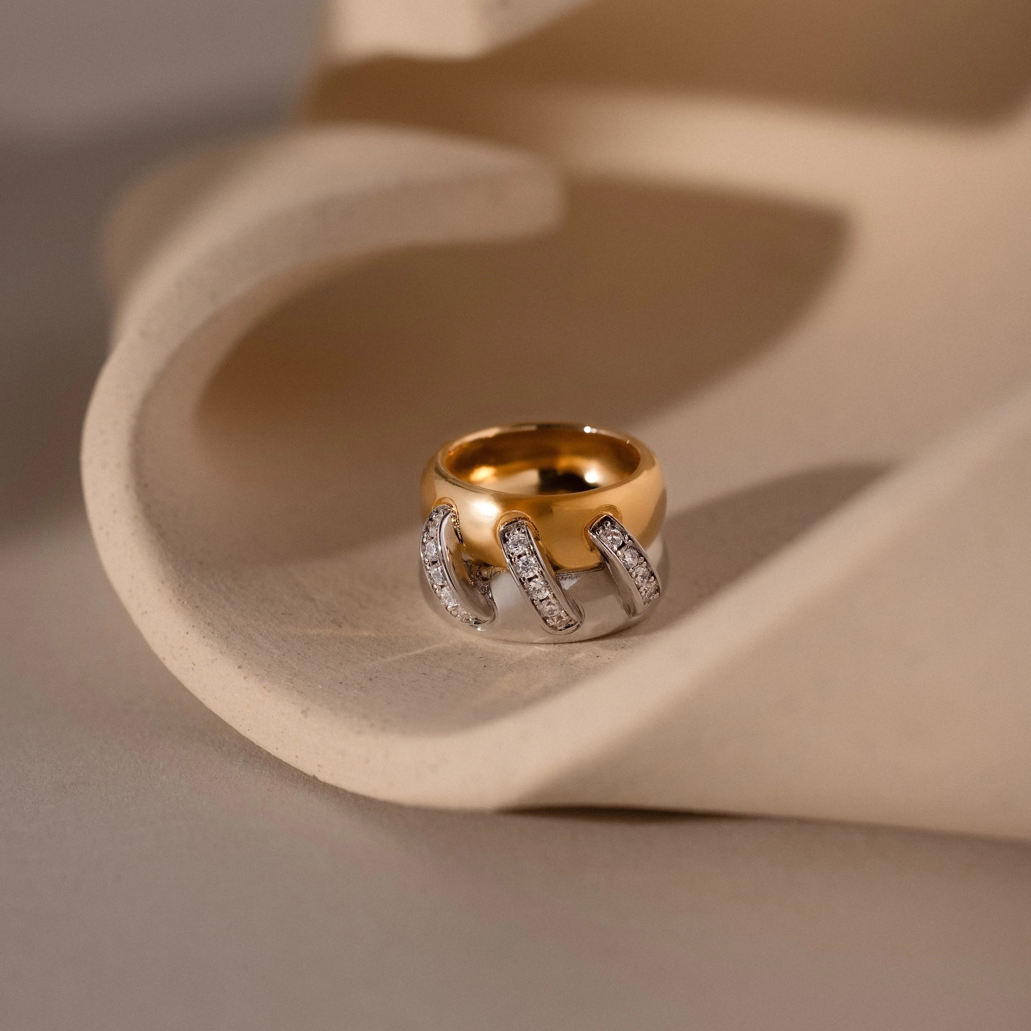 Diamond Mixed Metal Link Ring Silver 18K Gold Plated