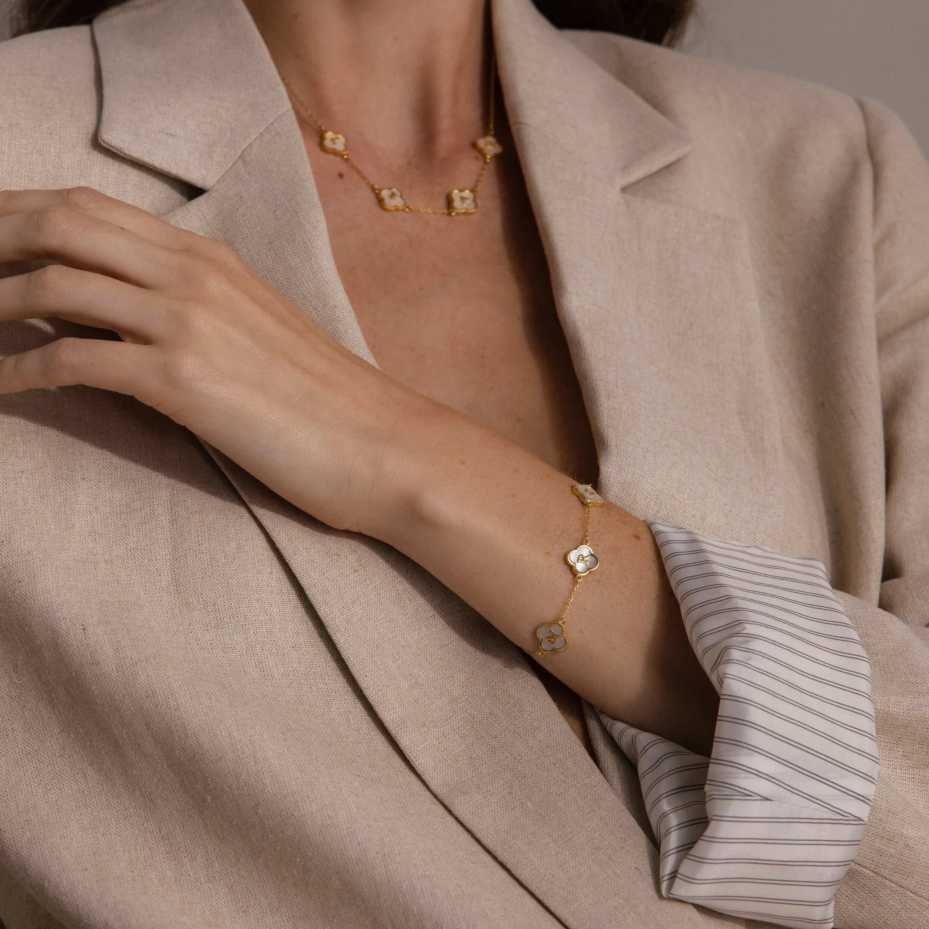 Pearl Clover Letter Bracelet Silver 18K Gold Plated