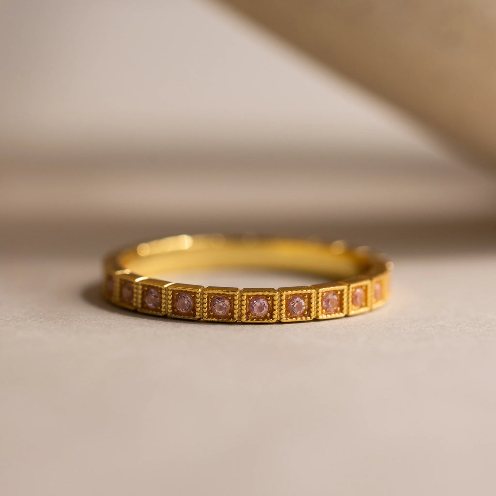 Art Deco Pink Tourmaline Eternity Ring Silver 18K Gold Plated