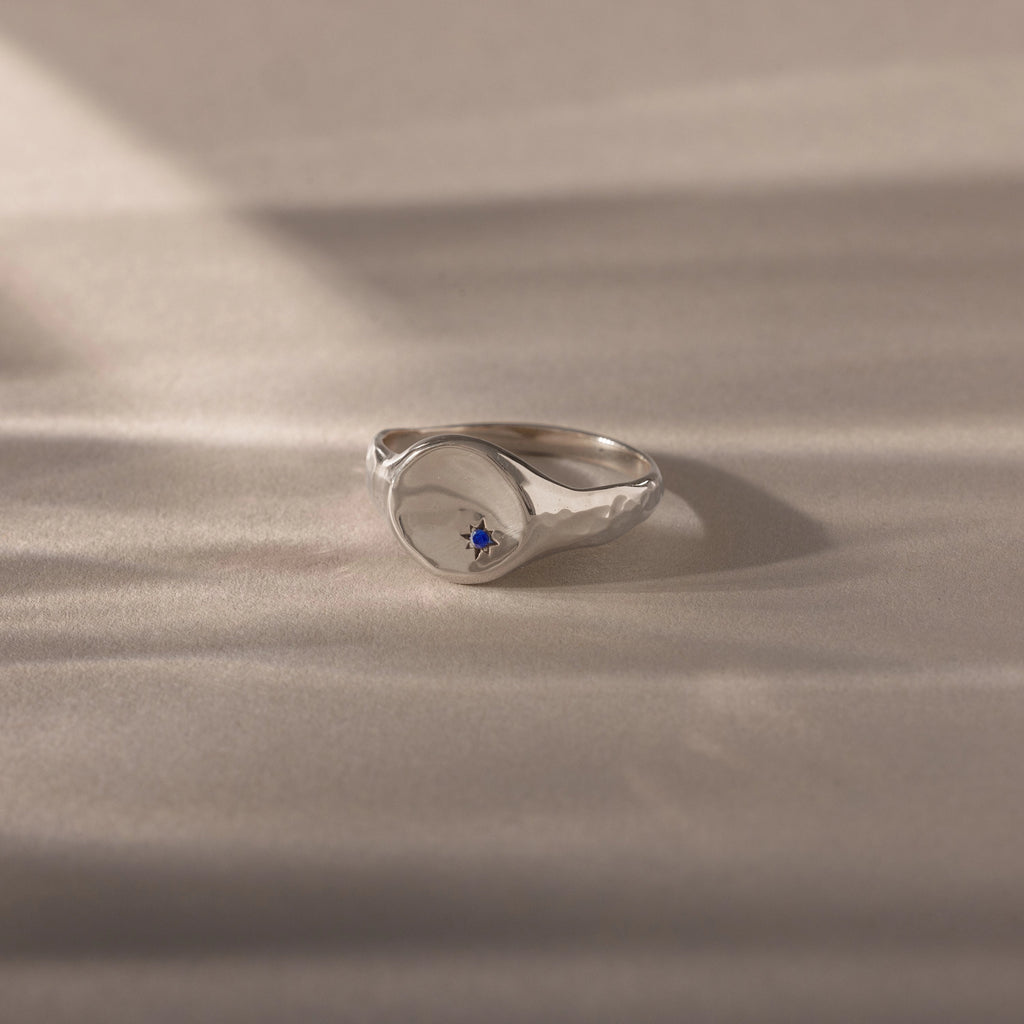 North Star Sapphire Signet Ring Silver 18K Gold Plated