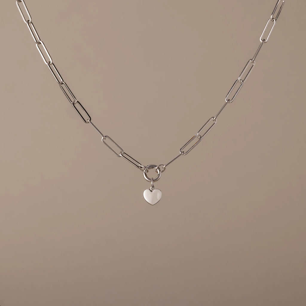 Paperclip Heart Charm Necklace Silver 18K Gold Plated