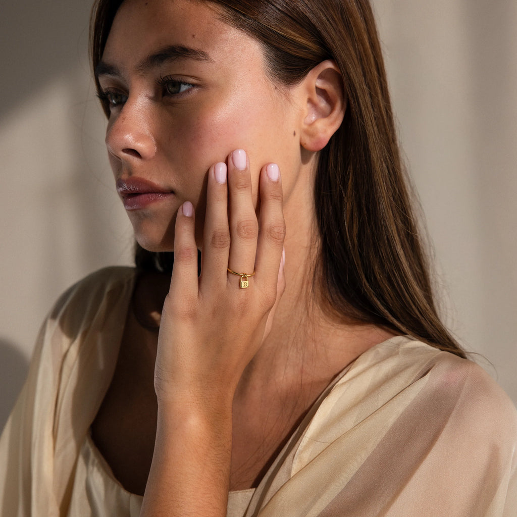 Initial Padlock Drop Ring Silver 18K Gold Plated