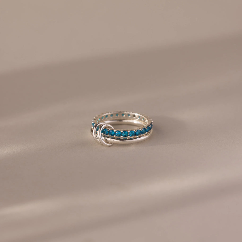 Eternity Band Duo Blue Zircon Tennis Linked Ring Set Silver 18K Gold Plated