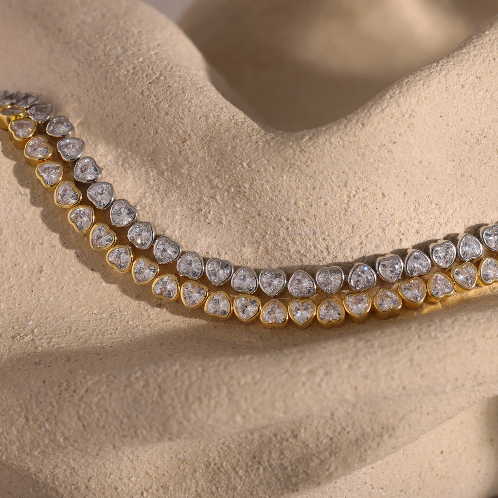 Diamond Heart Tennis Bracelet Silver 18K Gold Plated