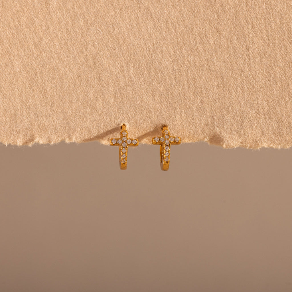 Diamond Cross Huggies Silver 18K Gold Plated