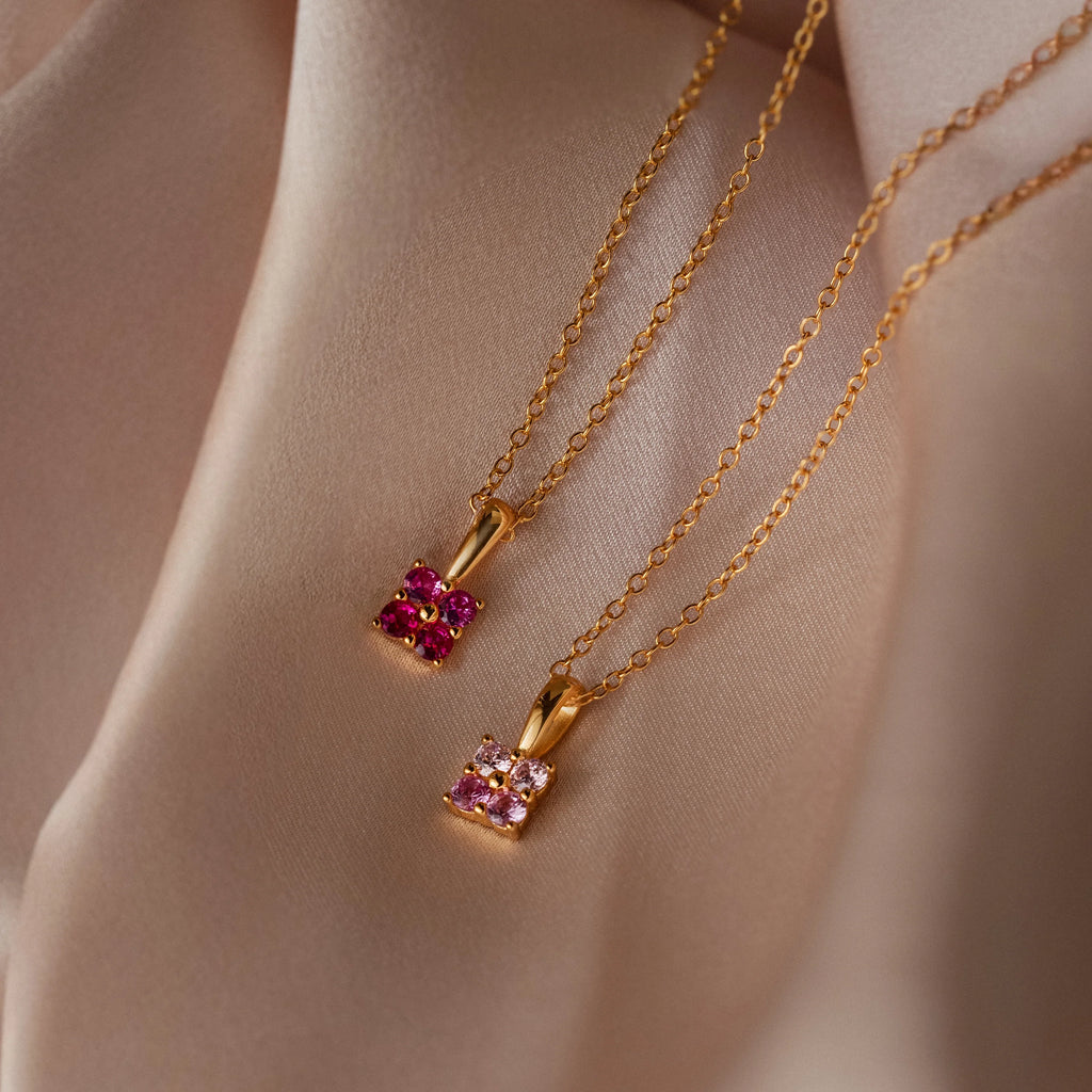Ombre Ruby Flower Necklace Silver 18K Gold Plated