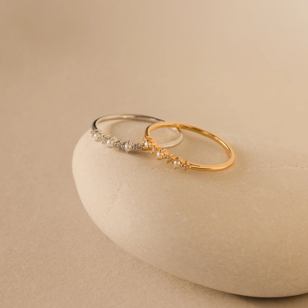 Delicate Pearl Diamond Ring Silver 18K Gold Plated