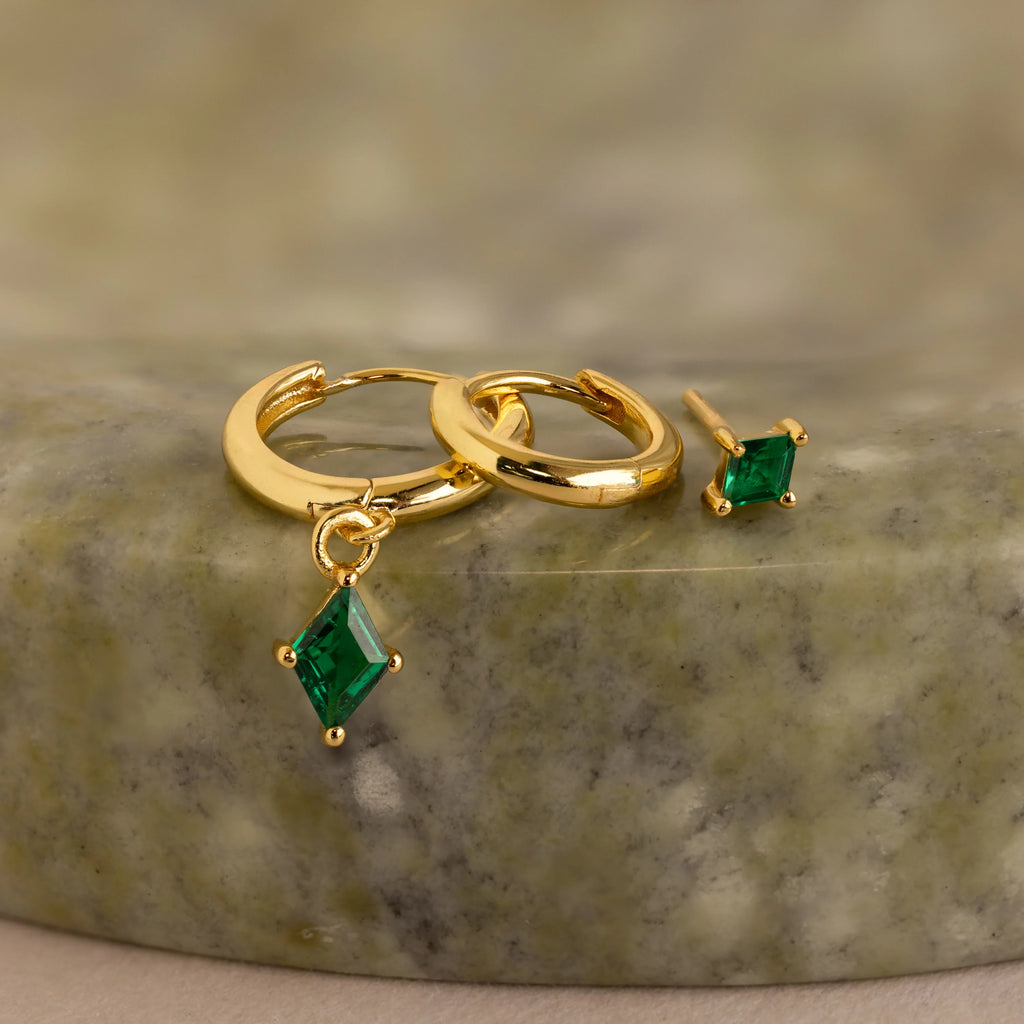 Emerald Earrings Set Silver 18K Gold Plated