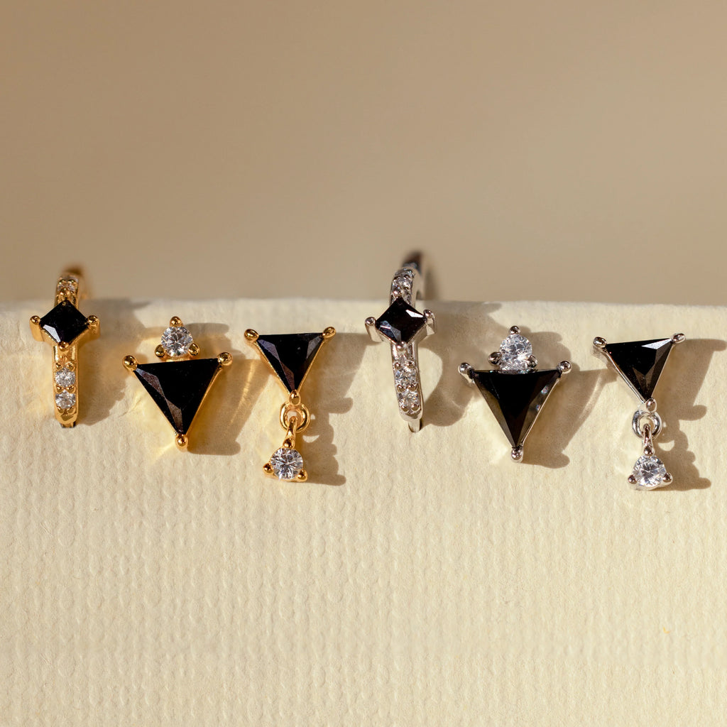 Diamond Black Art Deco Earrings Set Silver 18K Gold Plated