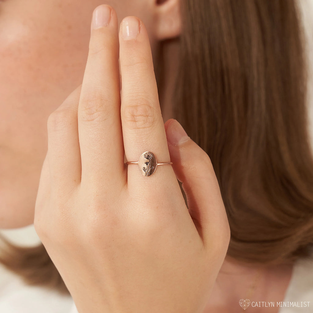 Birth Flower Oval Ring Silver 18K Gold Plated