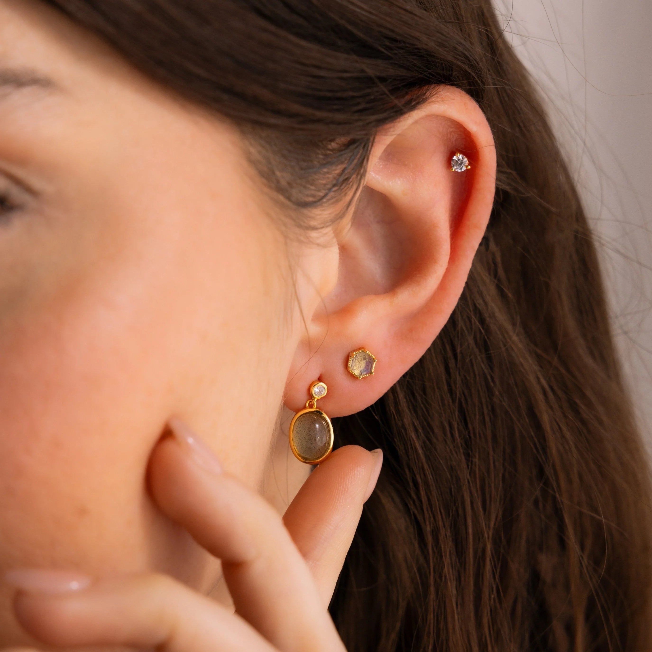 Labradorite Hexagon Studs Silver 18K Gold Plated