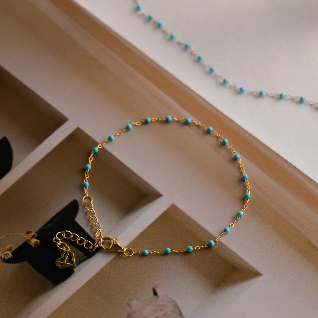 Turquoise Beads Station Bracelet Silver 18K Gold Plated